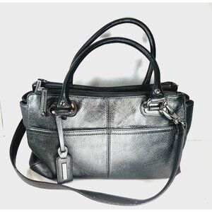 Tignanello Metallic Gunmetal Gray Leather Satchel Shoulder Bag